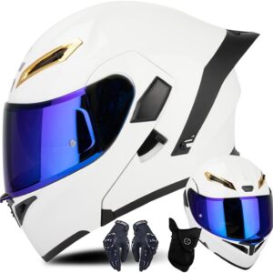 Casco de Moto Modular con Guantes y Protección Facial, Casco Abatible para Adultos con Doble Visera, Casco Homologado ECE para Hombres y Mujeres