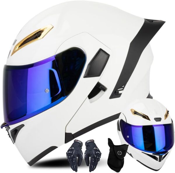 Casco de Moto Modular con Guantes y Protección Facial, Casco Abatible para Adultos con Doble Visera, Casco Homologado ECE para Hombres y Mujeres