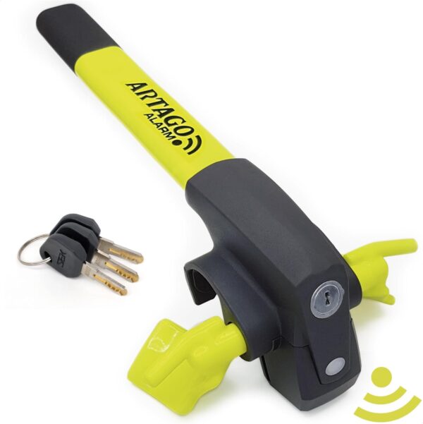 ARTAGO 870 Antirrobo para Coche, Gama Alta, Barra Antirrobo 2 en 1 con/sin Alarma de 120dB + LED, Bloqueo de Volante Más Seguro y Disuasorio en un Radio, Mejor Barra Antirrobo para Auto y Autocaravana