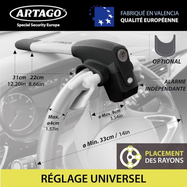 ARTAGO 870 Antirrobo para Coche, Gama Alta, Barra Antirrobo 2 en 1 con/sin Alarma de 120dB + LED, Bloqueo de Volante Más Seguro y Disuasorio en un Radio, Mejor Barra Antirrobo para Auto y Autocaravana - Imagen 3