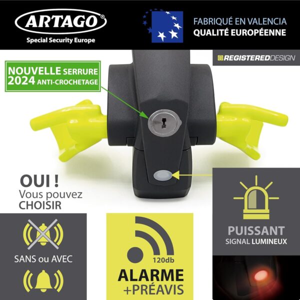 ARTAGO 870 Antirrobo para Coche, Gama Alta, Barra Antirrobo 2 en 1 con/sin Alarma de 120dB + LED, Bloqueo de Volante Más Seguro y Disuasorio en un Radio, Mejor Barra Antirrobo para Auto y Autocaravana - Imagen 5