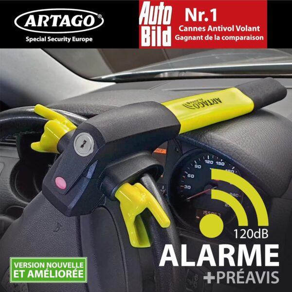 ARTAGO 870 Antirrobo para Coche, Gama Alta, Barra Antirrobo 2 en 1 con/sin Alarma de 120dB + LED, Bloqueo de Volante Más Seguro y Disuasorio en un Radio, Mejor Barra Antirrobo para Auto y Autocaravana - Imagen 8