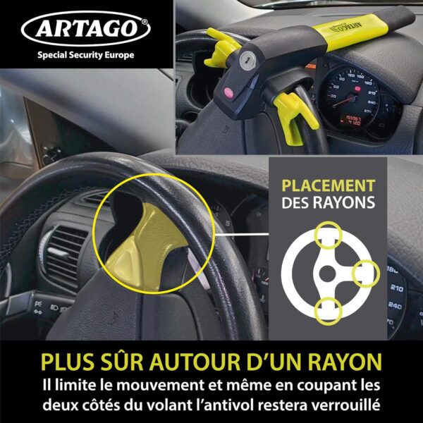 ARTAGO 870 Antirrobo para Coche, Gama Alta, Barra Antirrobo 2 en 1 con/sin Alarma de 120dB + LED, Bloqueo de Volante Más Seguro y Disuasorio en un Radio, Mejor Barra Antirrobo para Auto y Autocaravana - Imagen 7