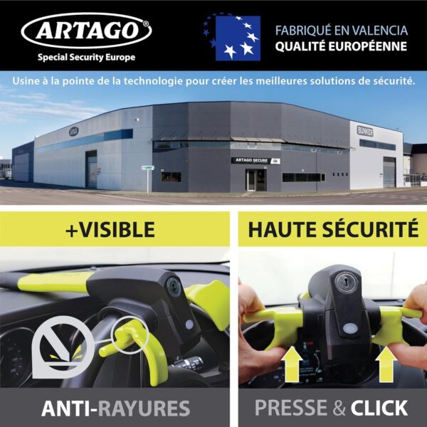 ARTAGO 870 Antirrobo para Coche, Gama Alta, Barra Antirrobo 2 en 1 con/sin Alarma de 120dB + LED, Bloqueo de Volante Más Seguro y Disuasorio en un Radio, Mejor Barra Antirrobo para Auto y Autocaravana - Imagen 6