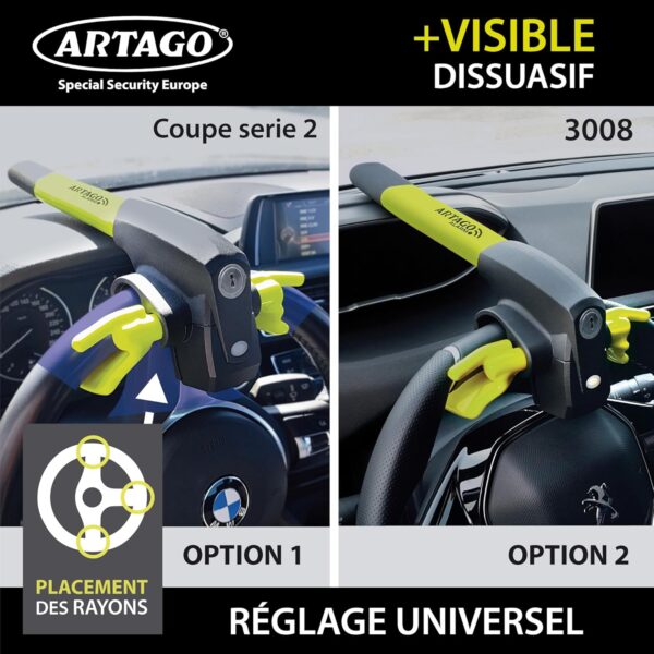 ARTAGO 870 Antirrobo para Coche, Gama Alta, Barra Antirrobo 2 en 1 con/sin Alarma de 120dB + LED, Bloqueo de Volante Más Seguro y Disuasorio en un Radio, Mejor Barra Antirrobo para Auto y Autocaravana - Imagen 4
